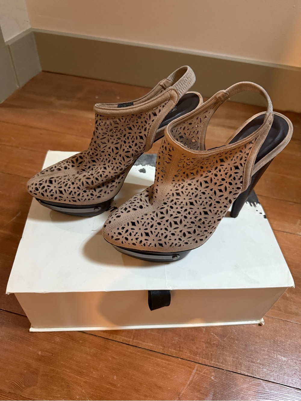 Elizabeth and James Beige Laser-Cut Slingback Heels